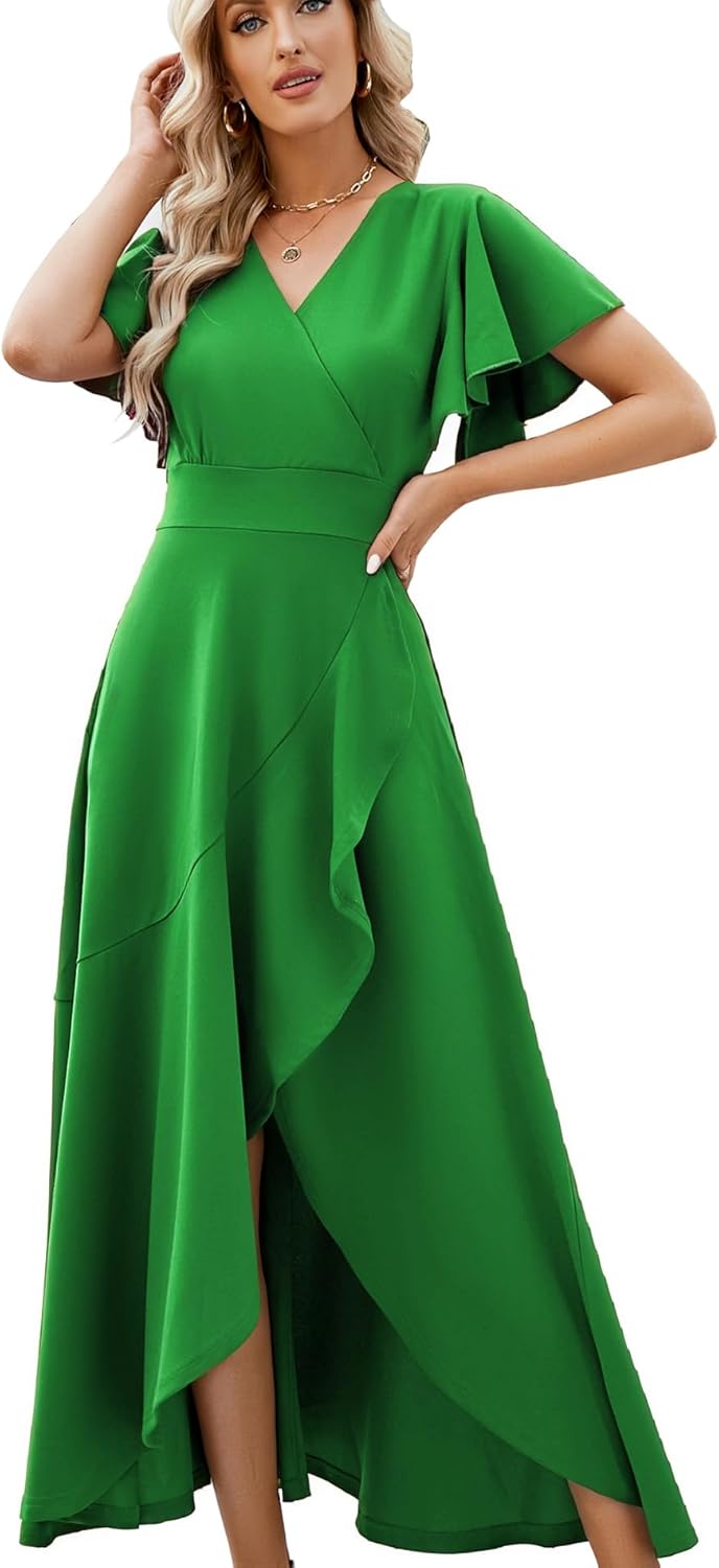 Long Black Formal Dresses for Women Gowns Evening Party Cocktail Dress,Split Elegant V Neck Wrap Ruffle Wedding Guest Dresses