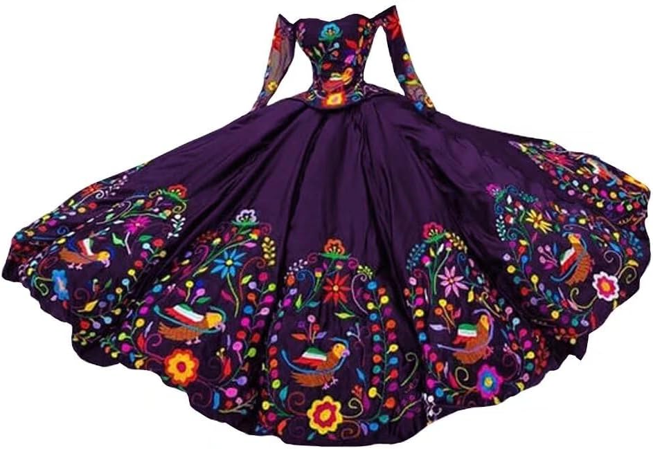 Off The Shoulder Long Sleeves Embroidered Mexican Party Prom Sweet 15 Dresses 16 Girls Ball Gown Dark Purple 8