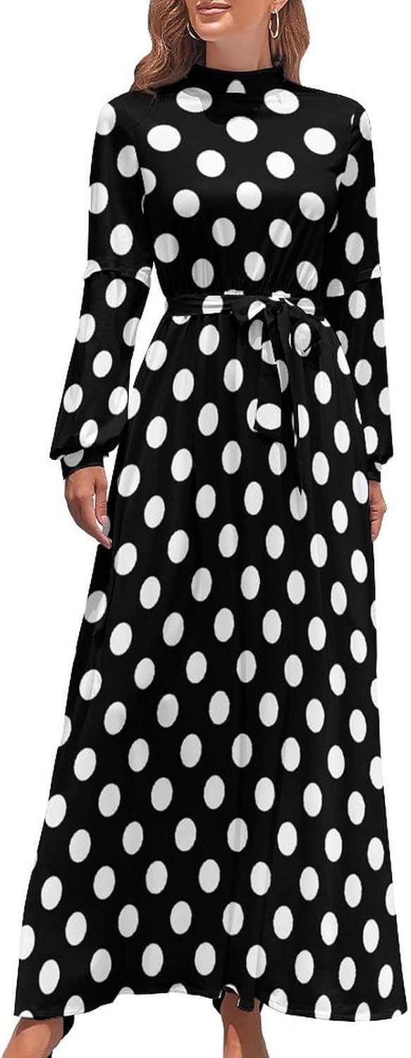Black White Polka Dot Women's Long Sleeve Round Neck Maxi Dress High Waist Layered A-Line Flowy Maxi Dress