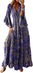 Zhyaj Summer Boho Maxi Dresses for Women Plus Size Floral Print V Neck High Waisted Tiered Smocked Ruffle Swing Hem Dress
