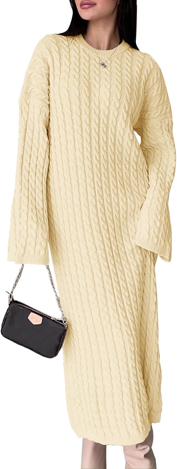 Saodimallsu Womens Oversized Cable Knit Sweater Dress Drop Shoulder Long Sleeve Loose Fall Midi Pullover Sweater Dresses