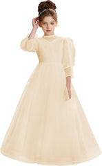 Flower Girl Dress 3/4 Puff Sleeve for Wedding Long Tulle Girls Ball Gown Pearls Pageant Princess First Communion Dress