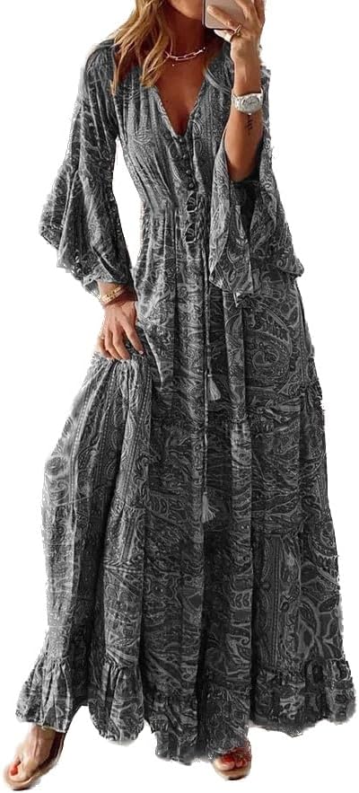 Boho Maxi Empire Waist Dress for Women V Neck Long Sleeve Boho Floral Maxi Summer Loose Casual Dress 2024 Flare Swing Dresses