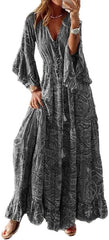 Boho Maxi Empire Waist Dress for Women V Neck Long Sleeve Boho Floral Maxi Summer Loose Casual Dress 2024 Flare Swing Dresses