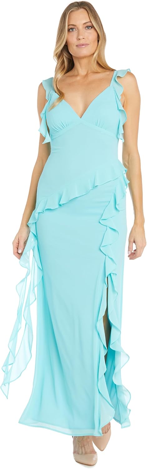 R&M Richards Women's Flattering Ruffled Chiffon Maxi Dress W/Flutter Sleeves & Cascading A-Line Tiered Skirt