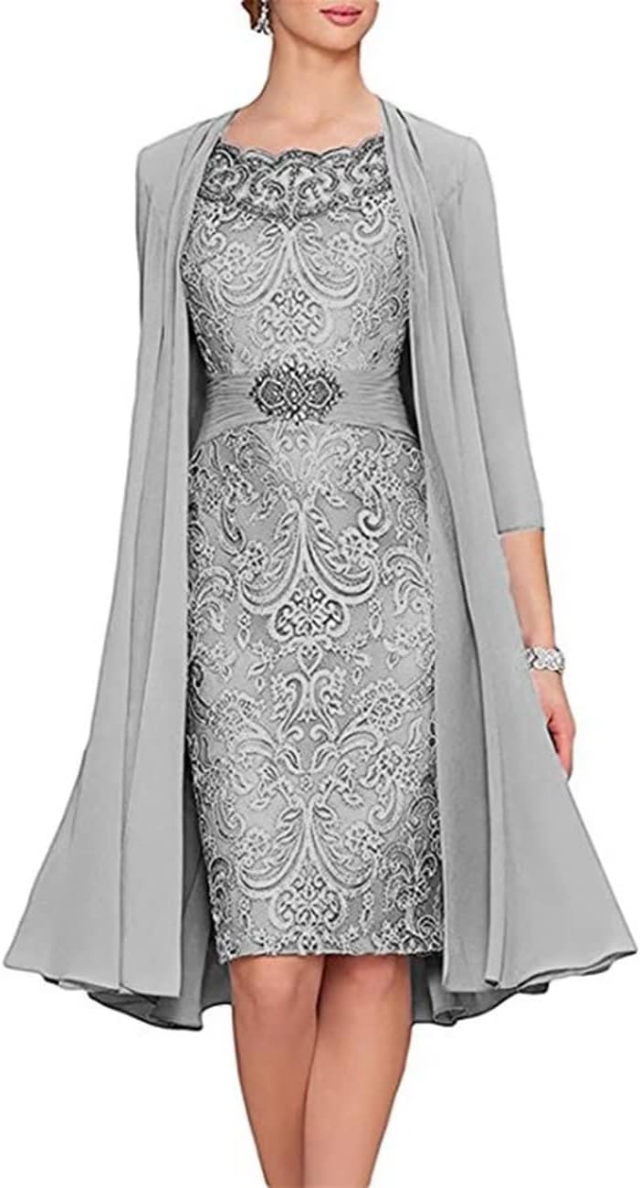 3/4 Sleeves Mother of The Groom Dresses for Wedding Tea Length 2 Pieces Floral Lace Silver Formal Dress with Jacket, US 4