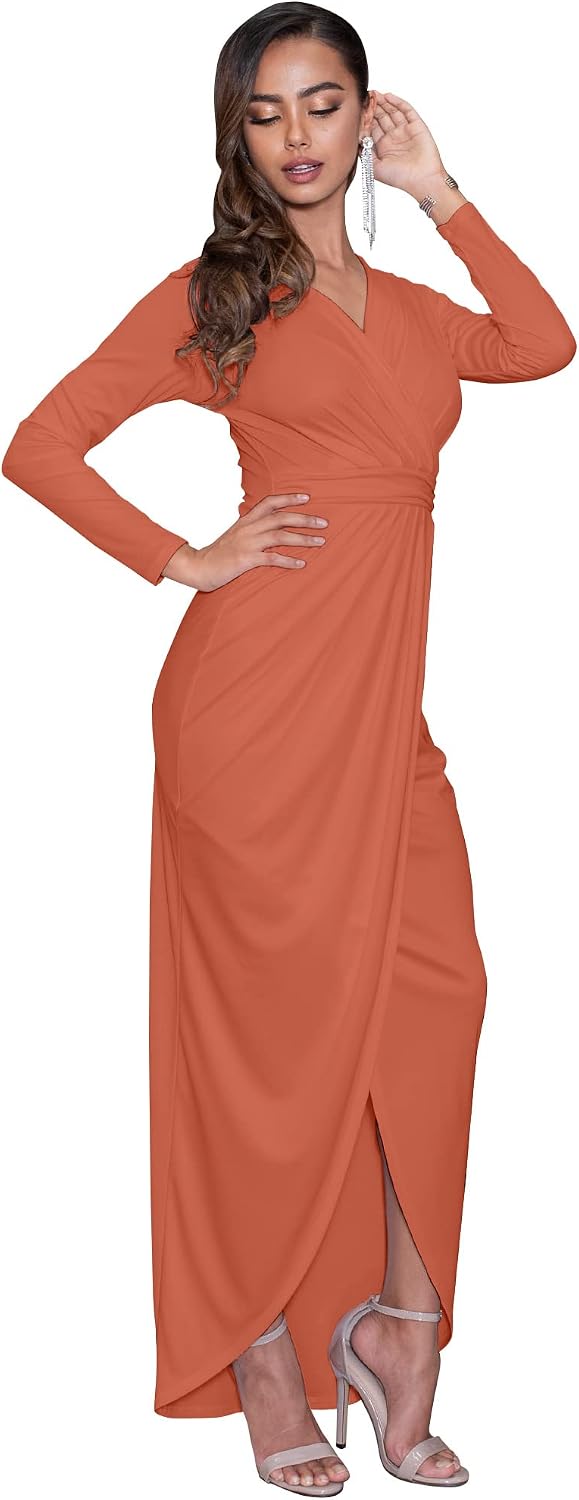 KOH KOH Womens 2026 Long Sleeve Formal Wrap Draped Cocktail V-Neck Gown Maxi Dress
