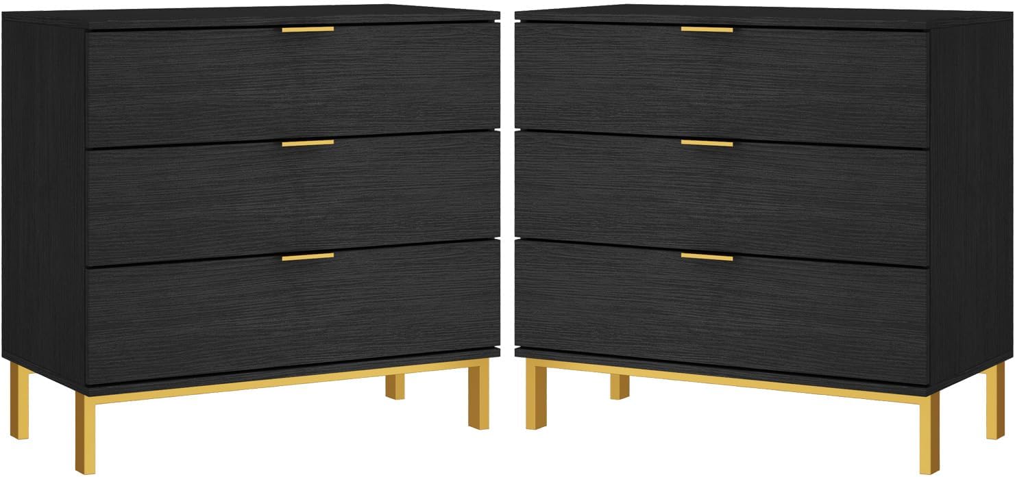 MOUMON Black and Gold Nightstands Set of 2 Side Table Bedside Table 3 Drawer Dresser, Large Nightstand with Gold Metal Legs, Modern & Contemporary, for Bedroom (31.5”w x 15.7”D x 29.7”H)