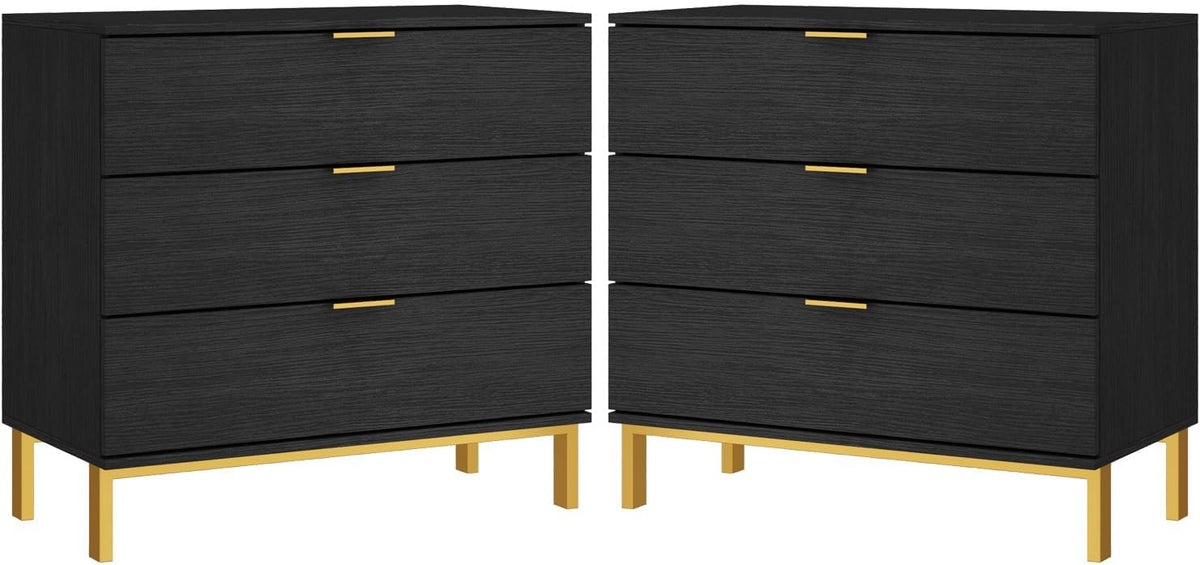 MOUMON Black and Gold Nightstands Set of 2 Side Table Bedside Table 3 Drawer Dresser, Large Nightstand with Gold Metal Legs, Modern & Contemporary, for Bedroom (31.5”w x 15.7”D x 29.7”H)