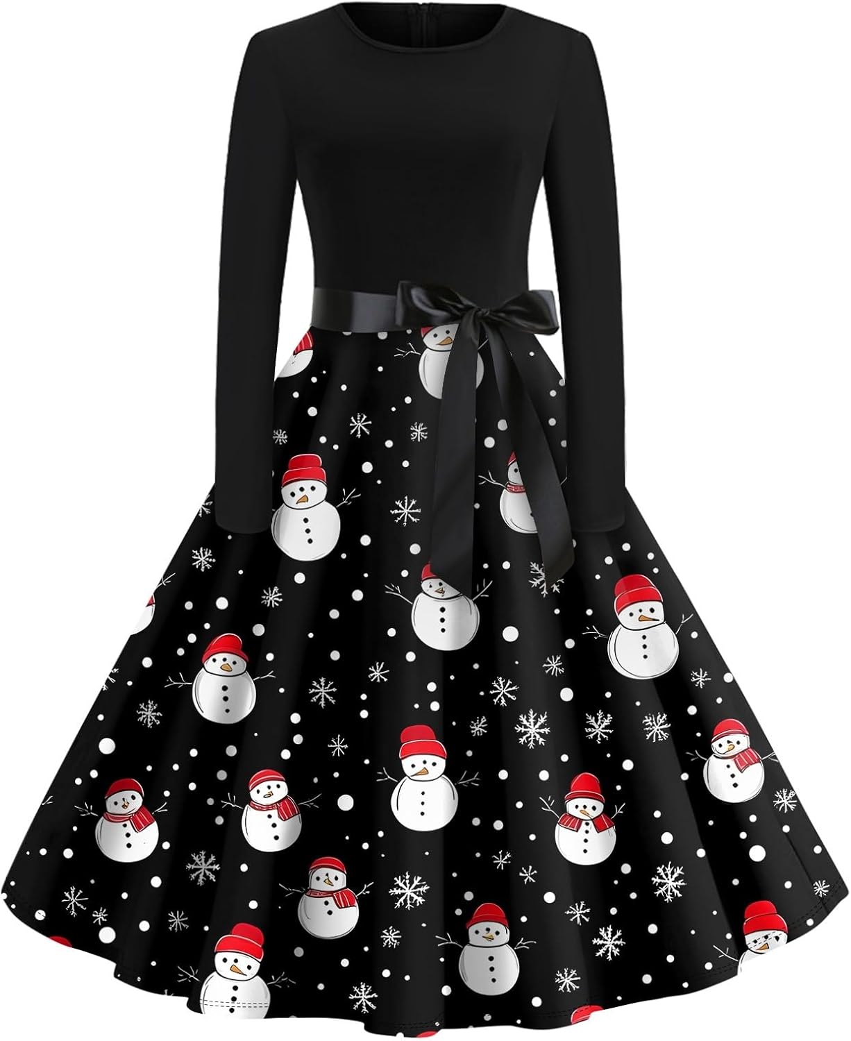 SGASY Christmas Dresses for Women 2024 Tie Waist 1950s O Neck Long Sleeve Vintage Swing Cocktail Party Dress