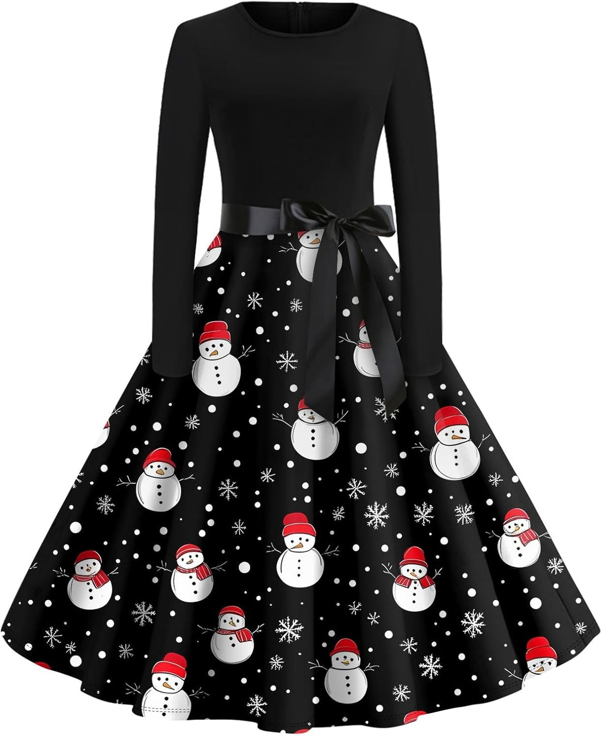 SGASY Christmas Dresses for Women 2024 Tie Waist 1950s O Neck Long Sleeve Vintage Swing Cocktail Party Dress