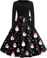 SGASY Christmas Dresses for Women 2024 Tie Waist 1950s O Neck Long Sleeve Vintage Swing Cocktail Party Dress