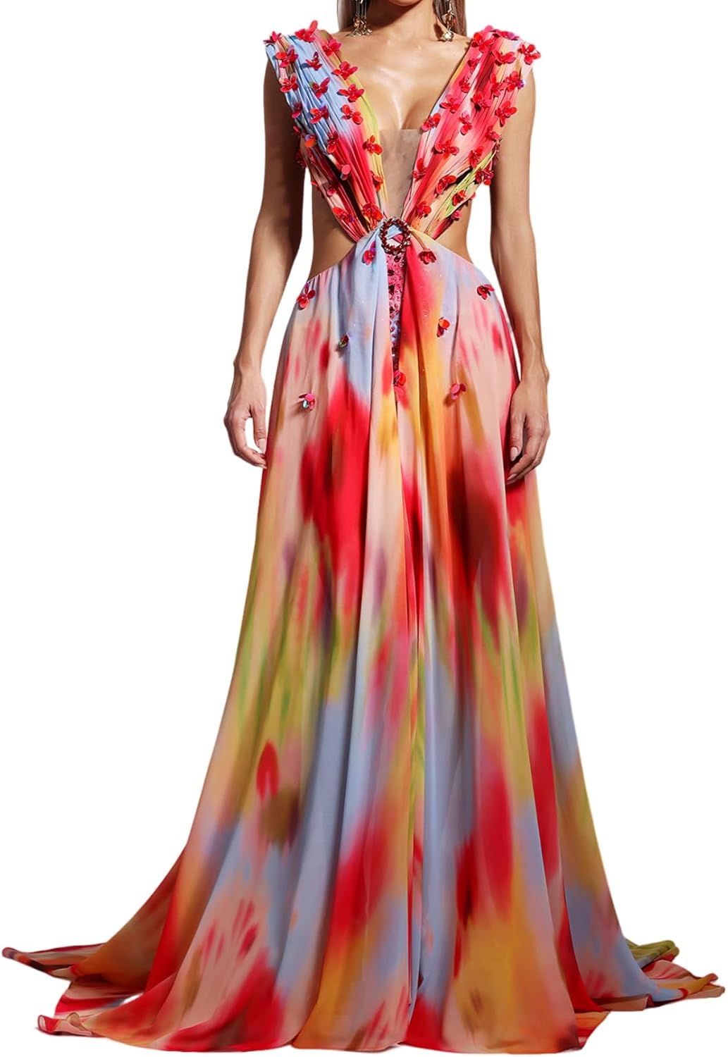 Red Maxi Beach Squin Printed Floral Dress for Women Summer Chiffon Cut Out Backless Deep V Neck Vacation Dress