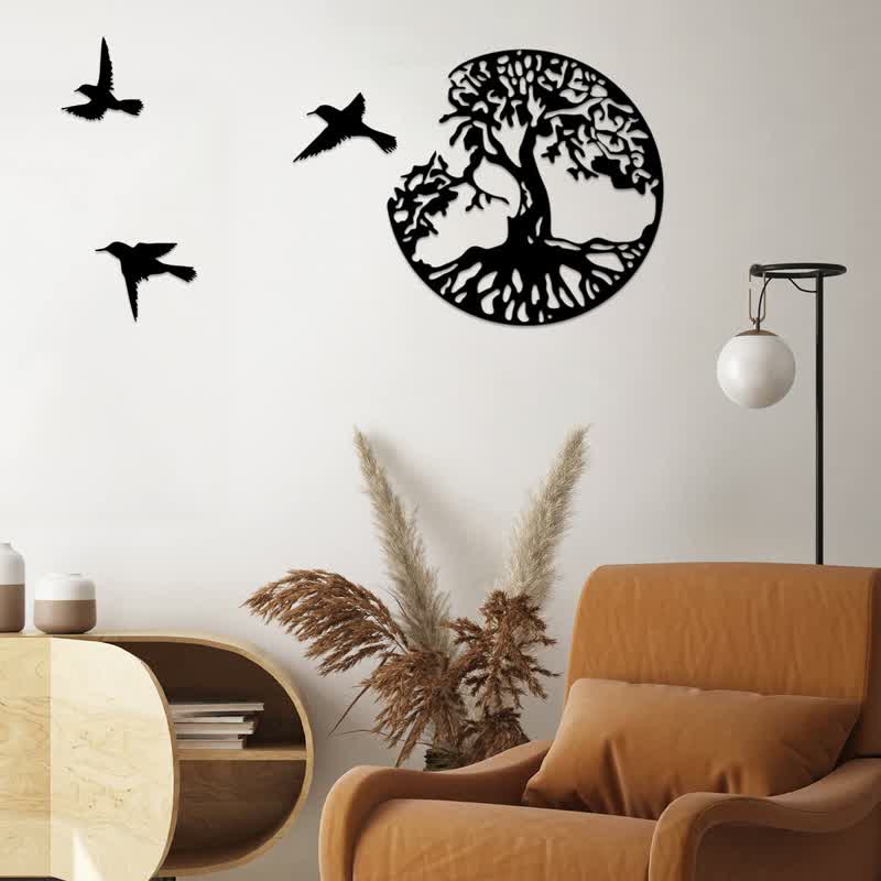 Árbol de la vida con tres pájaros, decoración de pared de metal.