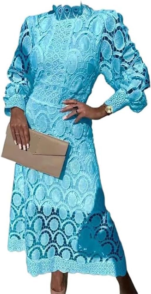 Women's Long Sleeve Lace Midi Dress, White, for Wedding Party Cocktail
