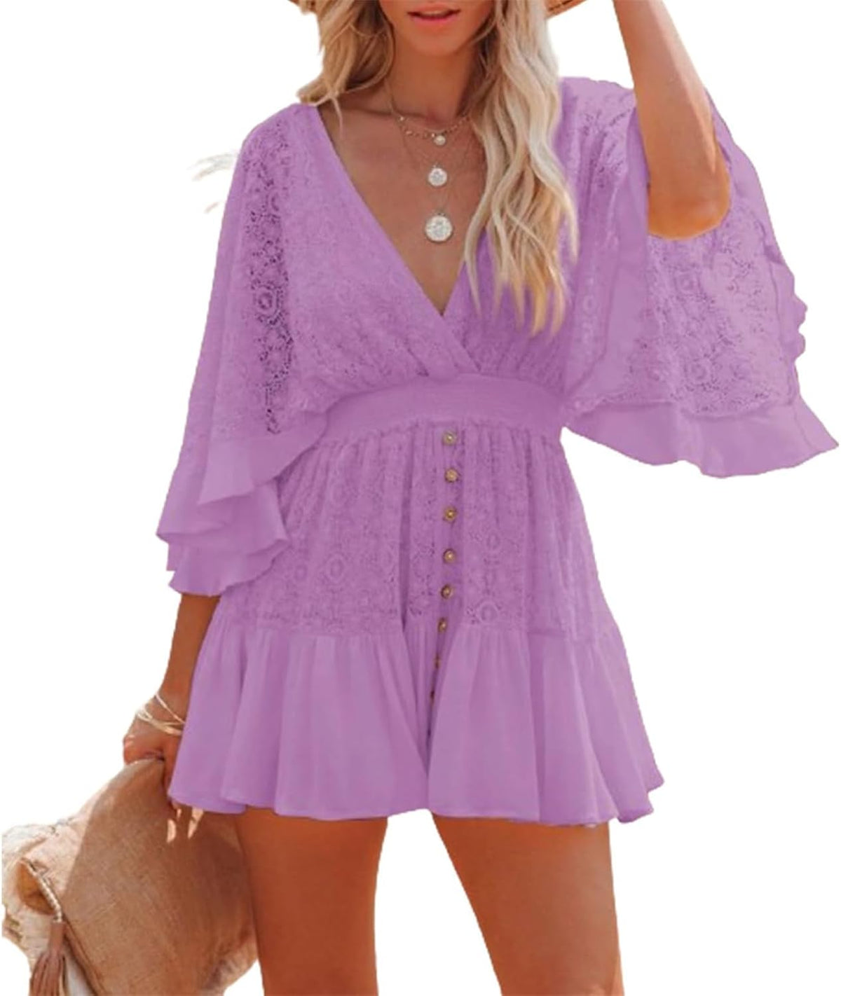 Women's Batwing Sleeve Backless Romper Dress, Womens Lace Crochet Mini Dress, Summer Loose Button Short Ruffle Dresses