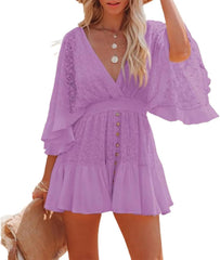 Women's Batwing Sleeve Backless Romper Dress, Womens Lace Crochet Mini Dress, Summer Loose Button Short Ruffle Dresses
