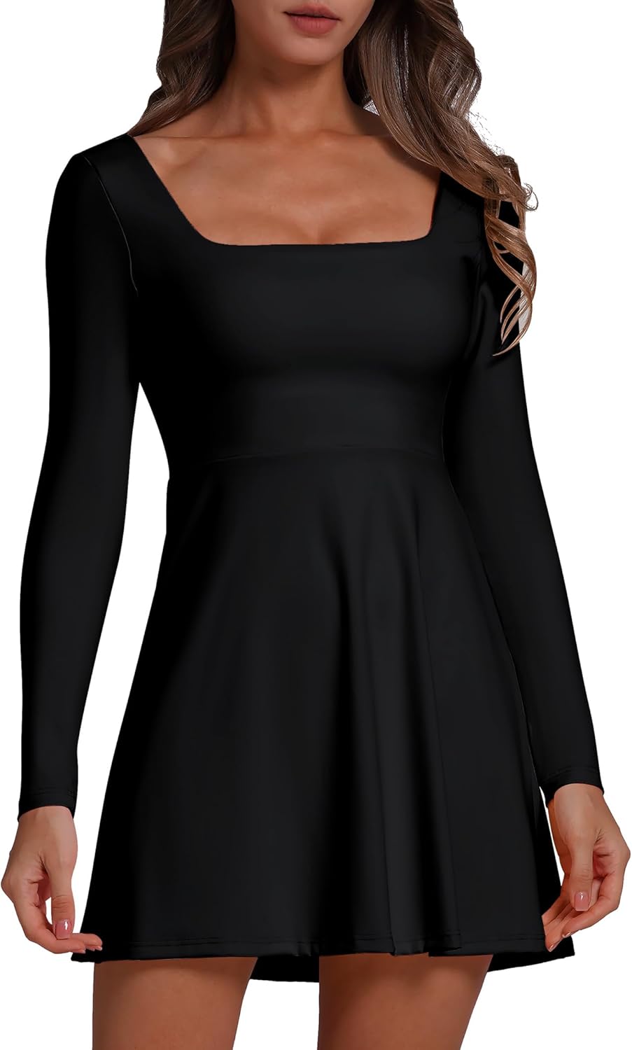 Womens Square Neck Bodice Dress Long Sleeve Flare Mini Dresses Athletic Dress with Built in Shorts Golf Dress
