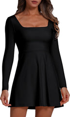 Womens Square Neck Bodice Dress Long Sleeve Flare Mini Dresses Athletic Dress with Built in Shorts Golf Dress