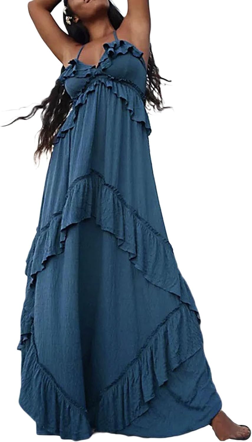Women Halter V Neck Maxi Dress Cutout Backless Sleeveless Flowy Long Dress Ruffle Trim Dress Summer Beach Sundress