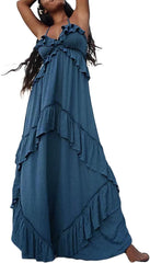 Women Halter V Neck Maxi Dress Cutout Backless Sleeveless Flowy Long Dress Ruffle Trim Dress Summer Beach Sundress