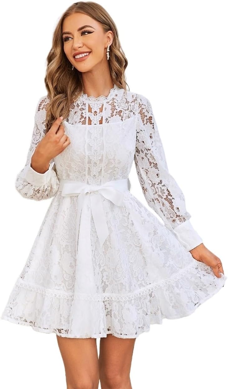 Women's 2024 Long Sleeve Mini Short Dress Ruffle Hem Belted Lace Dress