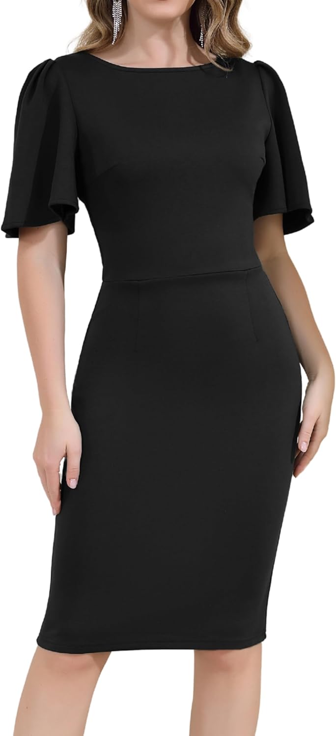 Aphratti Women's Work Sheath Midi Dress Short Sleeve Elegant Slim Fit Modest Cocktail Party Dress