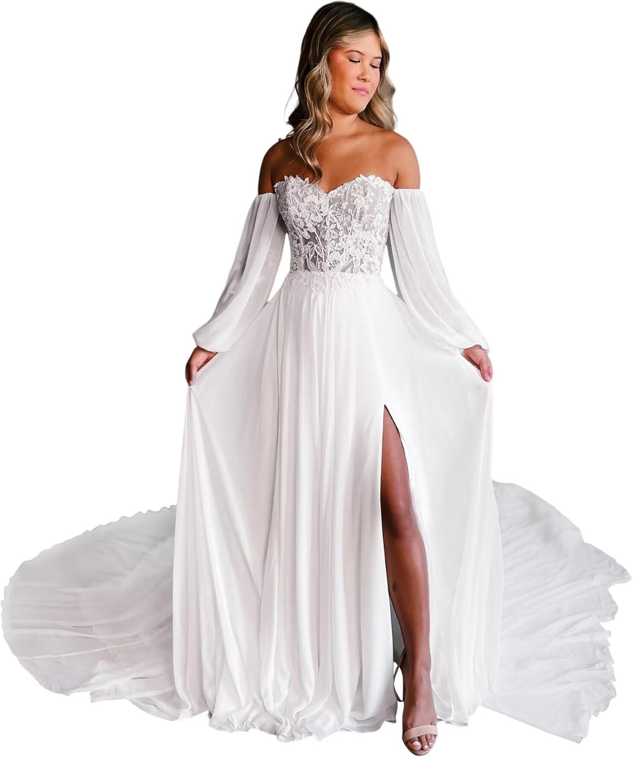 Off The Shoulder Chiffon Beach Wedding Dresses for Bride Long Sleeve Lace Boho Bridal Gowns with Slit LSW102