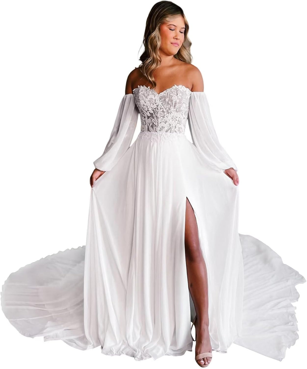 Off The Shoulder Chiffon Beach Wedding Dresses for Bride Long Sleeve Lace Boho Bridal Gowns with Slit LSW102