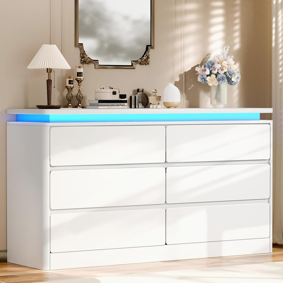 6 Drawer White Dresser for Bedroom, 47.2" Long Chest of Drawers with Charging Station & LED Lights, Double Wooden Storage Cabinet Dresser for Closet,Modern TV Stand with Deep Drawers