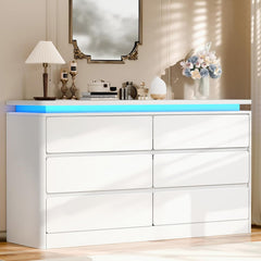 6 Drawer White Dresser for Bedroom, 47.2" Long Chest of Drawers with Charging Station & LED Lights, Double Wooden Storage Cabinet Dresser for Closet,Modern TV Stand with Deep Drawers