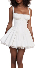 Women White Flowy Bustier Corset Mini Dress Y2k Lace Trim Square Neck Tie Up A-line Ruffle Sundress Party Streetwear