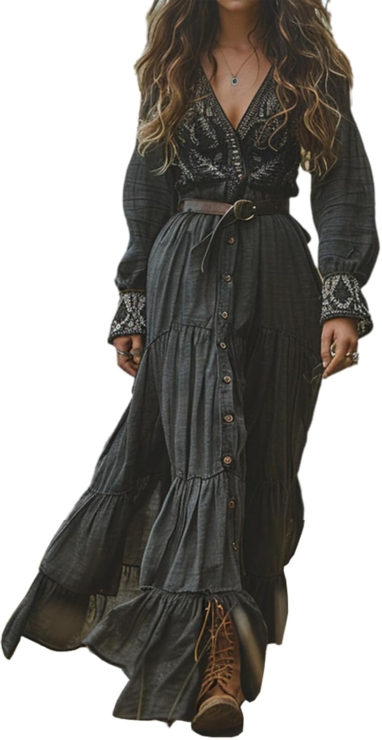 Women's Vintage Western Cowgirl Maxi Dress Long Sleeve Sexy Deep V Flowy Long Dress Fall Casual Dress