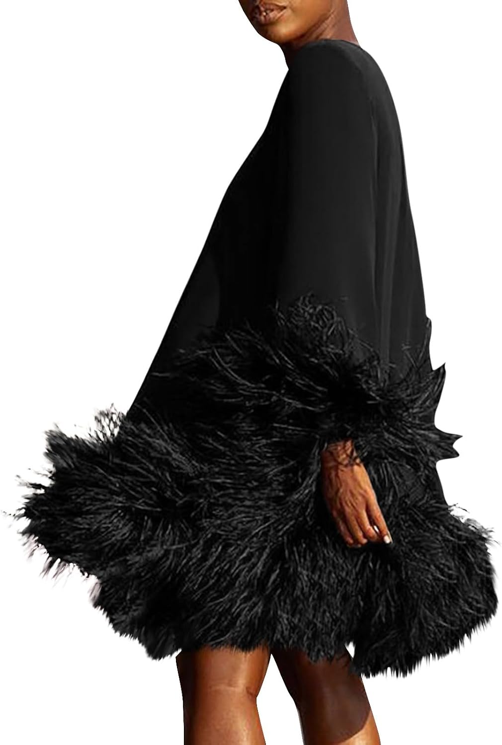 Trendy Long Sleeve Feathers Midi Dress for Women Plus Size Elegant Formal Smocked Flowy Cute Cocktail Party Dress