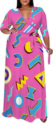 Plus Size Dresses for Women Geometric Printed Maxi Dress Flowy 3/4 Sleeve with Belt (XL-6XL)