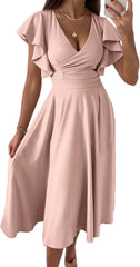 PRETTYGARDEN Summer Midi Dress 2026 Spring Ruffle Sleeve V Neck Cocktail Wedding Guest A Line Fit and Flared Dresses