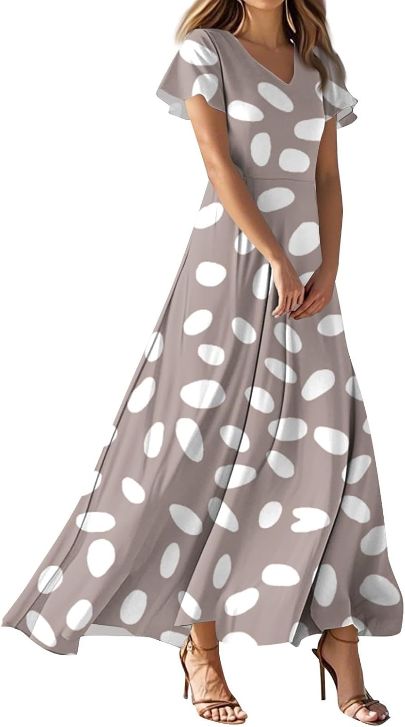 Cute Floral Maxi Dresses for Women 2025 Flowy Short Sleeve Chiffon Dress Summer Casual Prom Beach Clothes Easter Dress