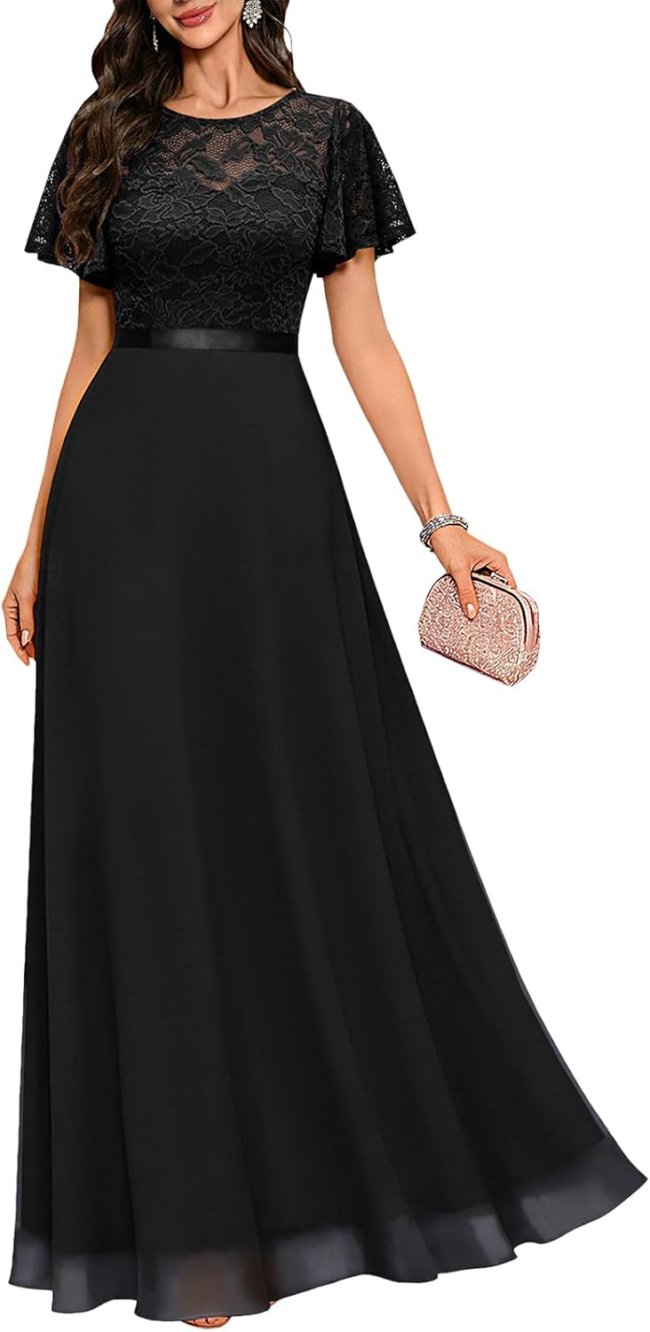 DRESSTELLS Womens Formal Dresses for Wedding Guest Prom Ruffle Sleeve Lace Maxi Dress Evening Gown 2026