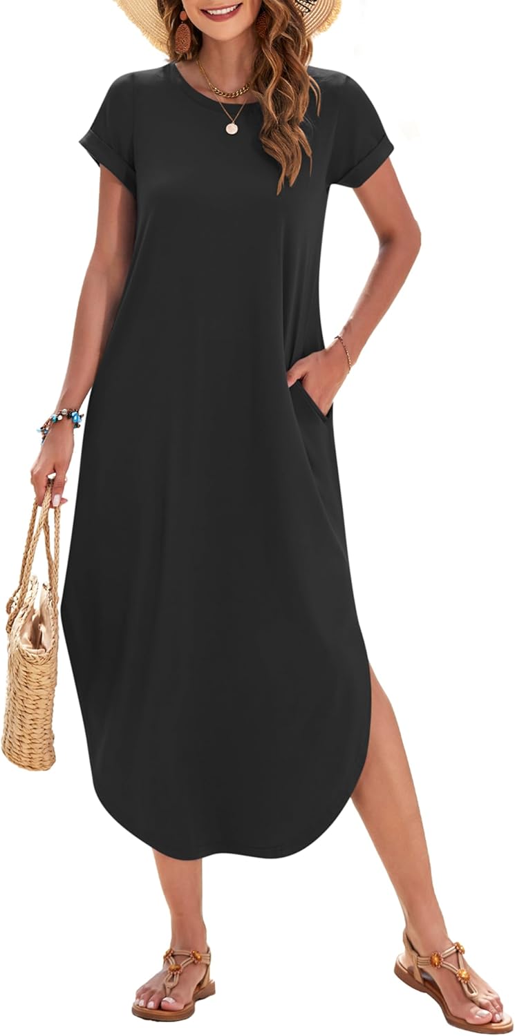 WNEEDU Womens Summer Dresses Casual Loose Short Sleeve Long T Shirt Dress Split Maxi Beach Sundress Travel Vacation Outfits