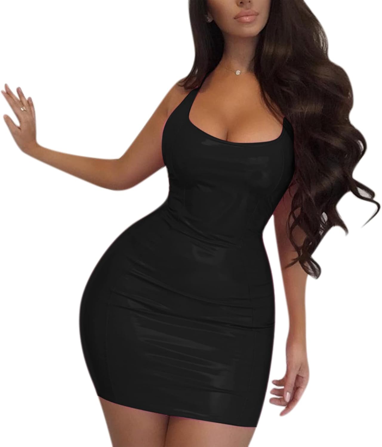 AIBEARTY Women PU Leather Bodycon Dress Sexy Sleeveless Low Cut Back Zipper Elastic Mini Dress Party Club Dresses