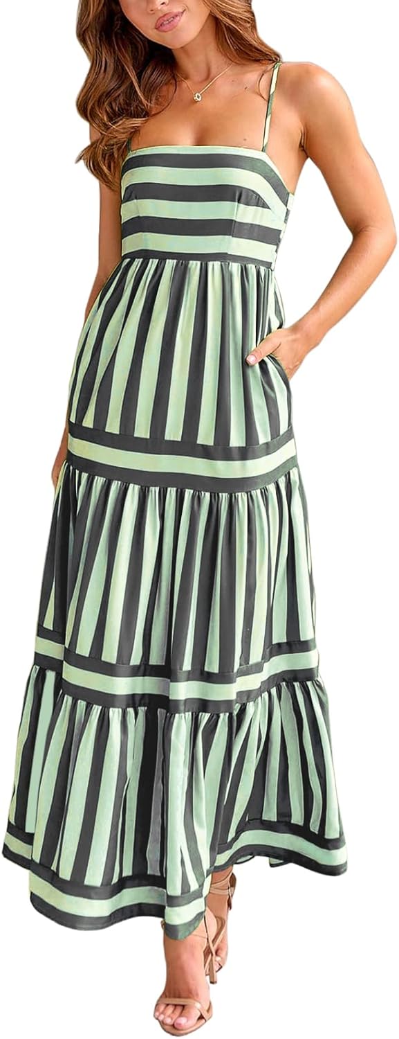 Women Striped Print Maxi Dress Spaghetti Strap Flowy Tiered Dress Sleeveless Casual Summer Sundress
