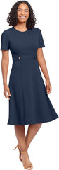London Times Women's Knit Eyelet Short Sleeve Crepe Inset Waist Midi with Button Detail