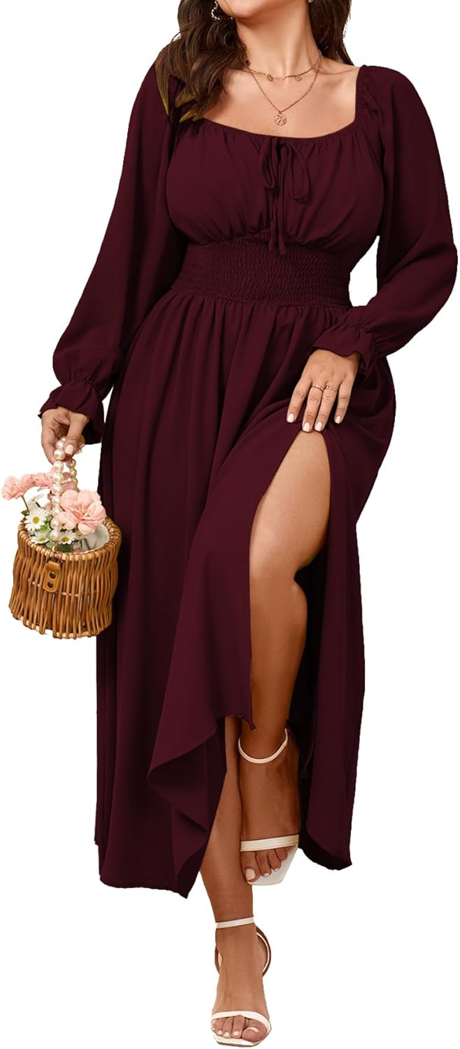 SHESTARR Women's Plus Size Dress Long Sleeve Smocked Dress Square Neck Tie Front Split A-Line Maxi Long Dresses
