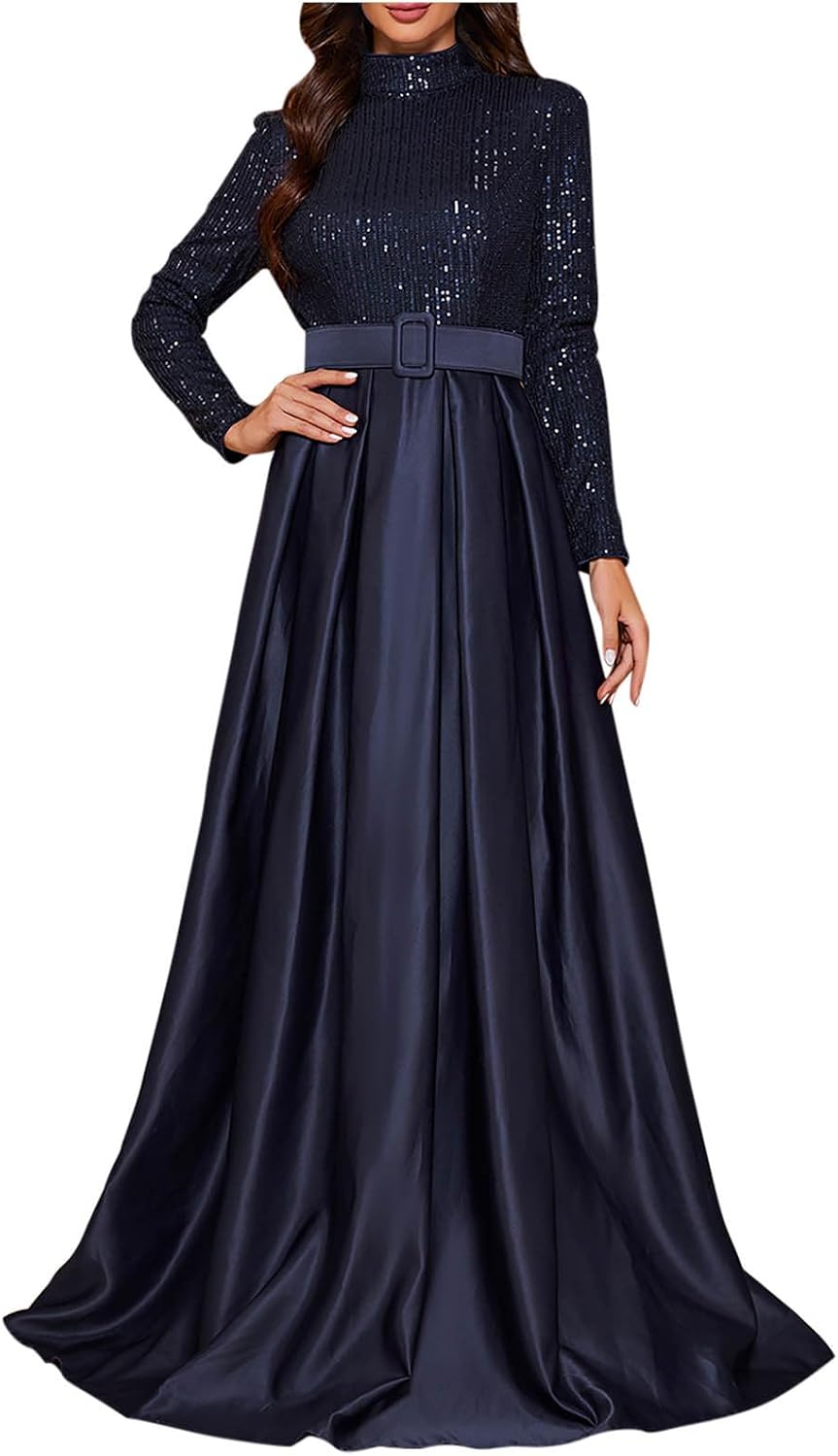 Dresses for Women Party Night Elegant Ruffle Hem Long Sleeve Dress Cocktail Maxi Dressses V Neck Sequin Dress 2025