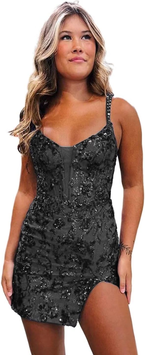 Sequin Homecoming Dresses for Teens Sparkly Tight Spaghetti Straps Short Prom Dresses 2024 Cocktail Party Dress