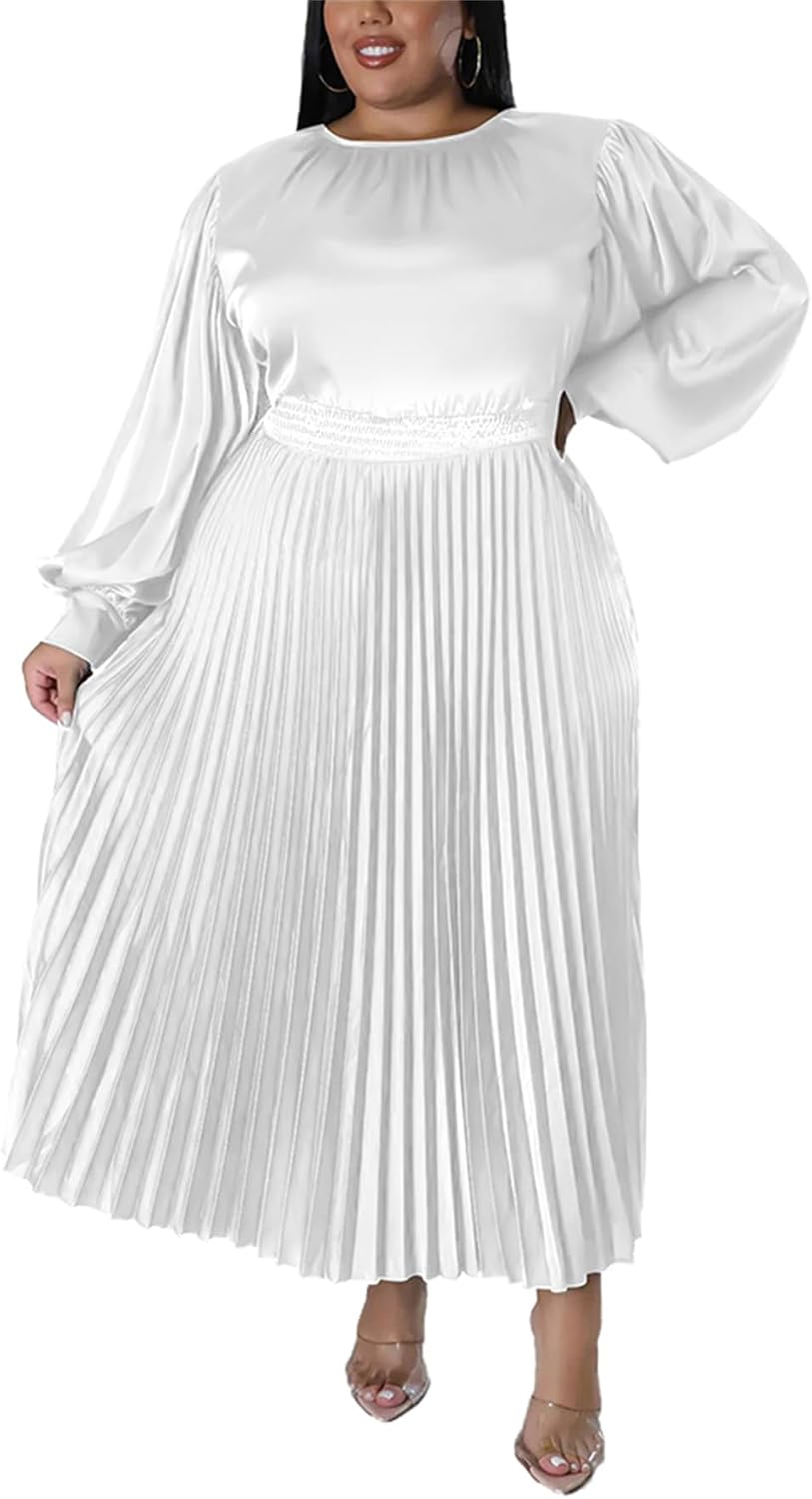 Women's Plus Size Maxi Dresses 2026 Fall Lantern Long Sleeve Flowy Swing Pleated Maxi Dresses