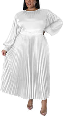 Women's Plus Size Maxi Dresses 2026 Fall Lantern Long Sleeve Flowy Swing Pleated Maxi Dresses