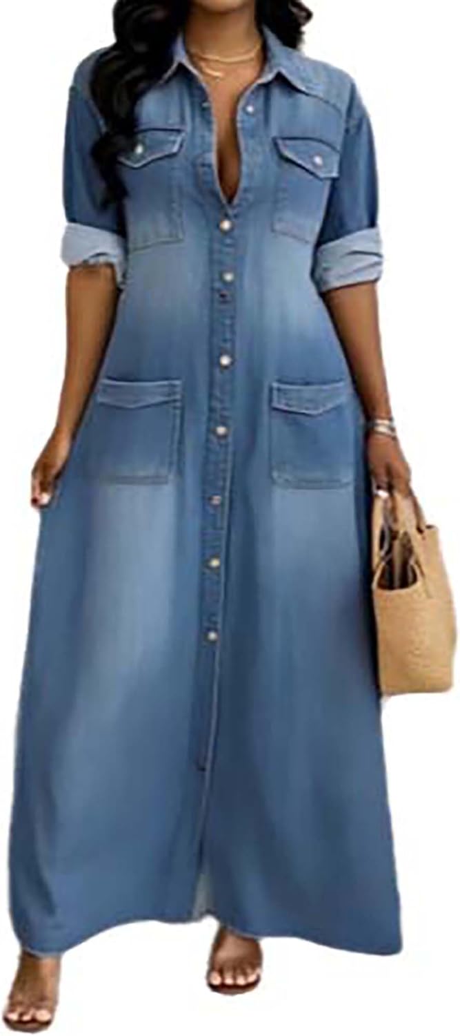 Women's Casual Denim Dress Long Sleeve Lapel Button Down Maxi Jean Shirt Dresses