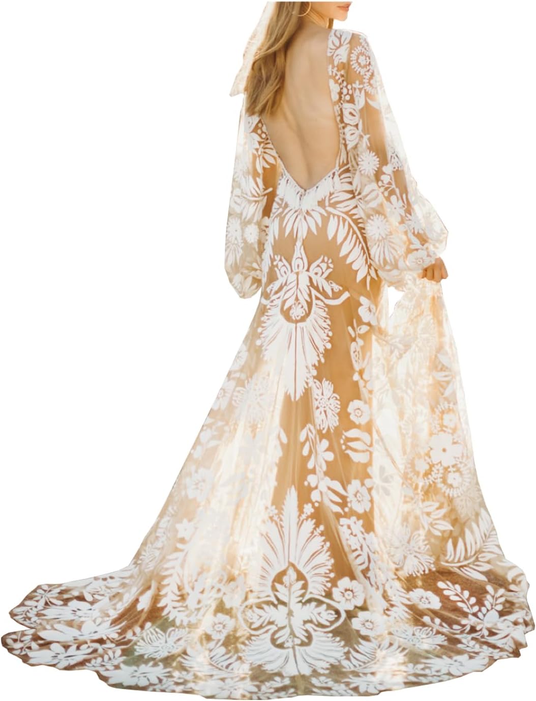 Boho Long Sleeve Wedding Dresses for Bride Western Floral Bridal Dress 2 Piece Lace Mermaid Wedding Gown