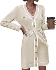 Pink Queen Women's Long Sleeve Button Down Sweater Dress Elegant V Neck Open Front Color Block Knit Cardiagns with Belt
